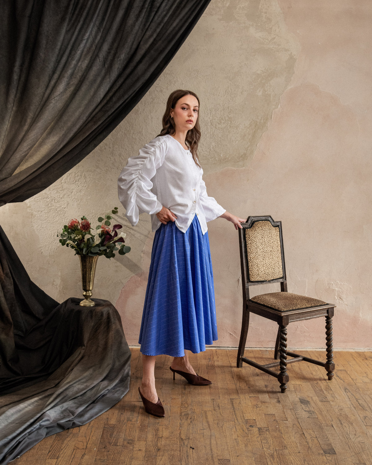 Frond Crinkle-Sleeve Top in Petitfleur Cotton