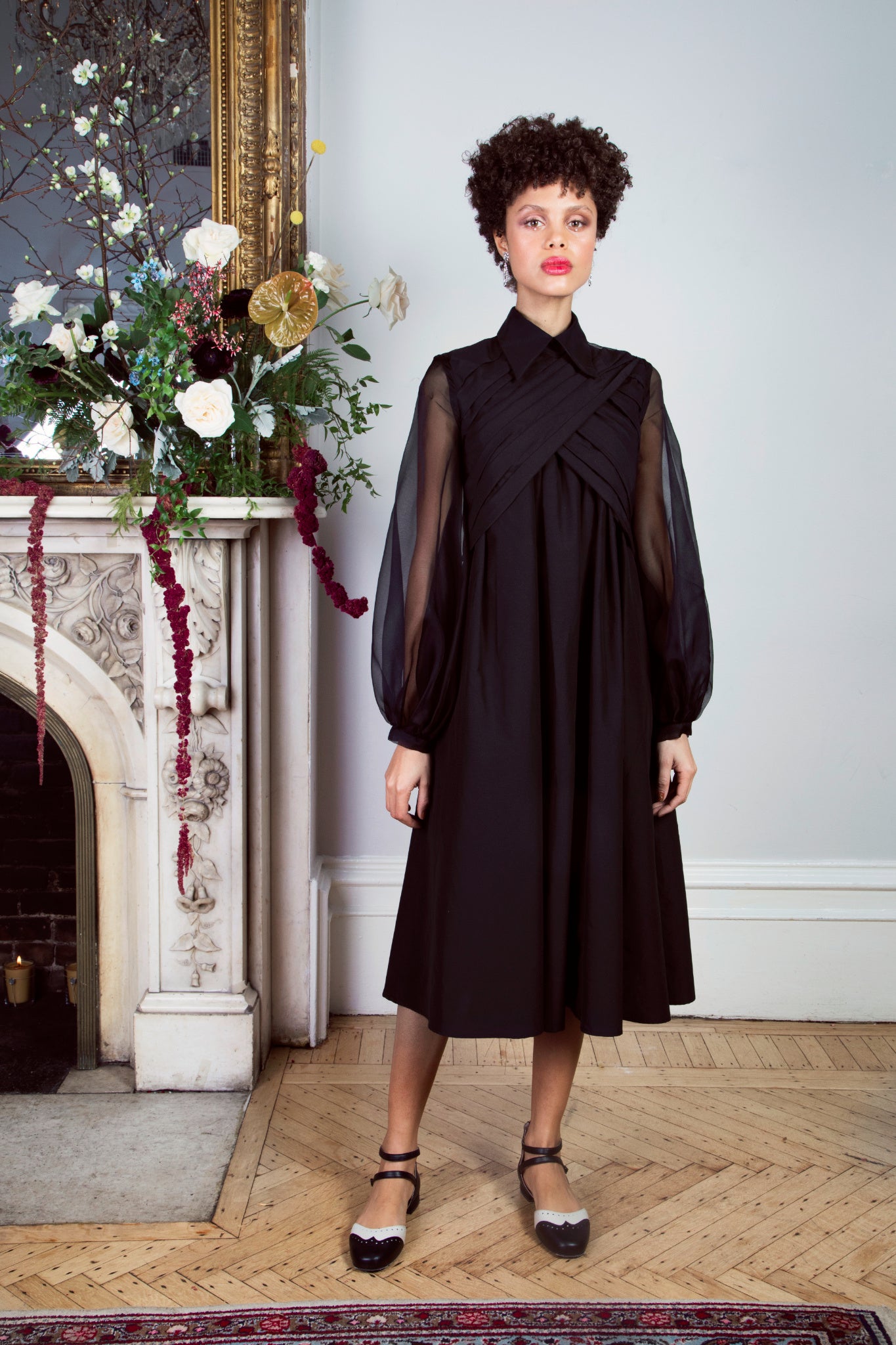 Silk Organza Midi Dress & Sheer Sleeves