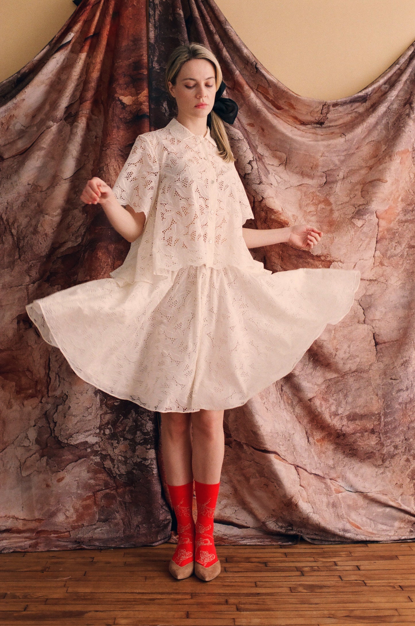 Emily Side Drape Shirt in Freesia Broderie Anglaise