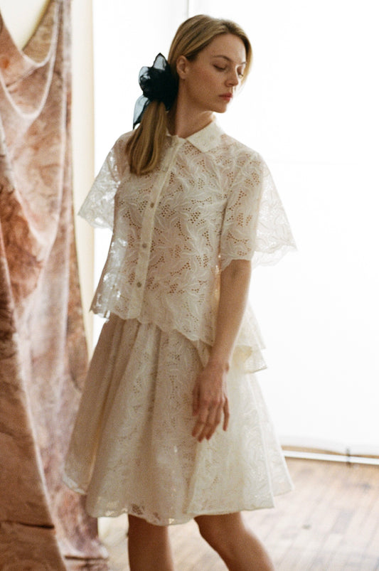 Emily Side Drape Shirt in Freesia Broderie Anglaise