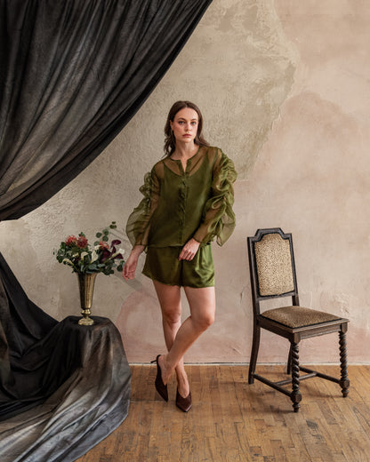 Frond Crinkle-Sleeve Top in Silk Organza