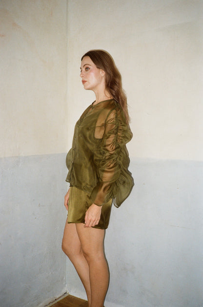 Frond Crinkle-Sleeve Top in Silk Organza