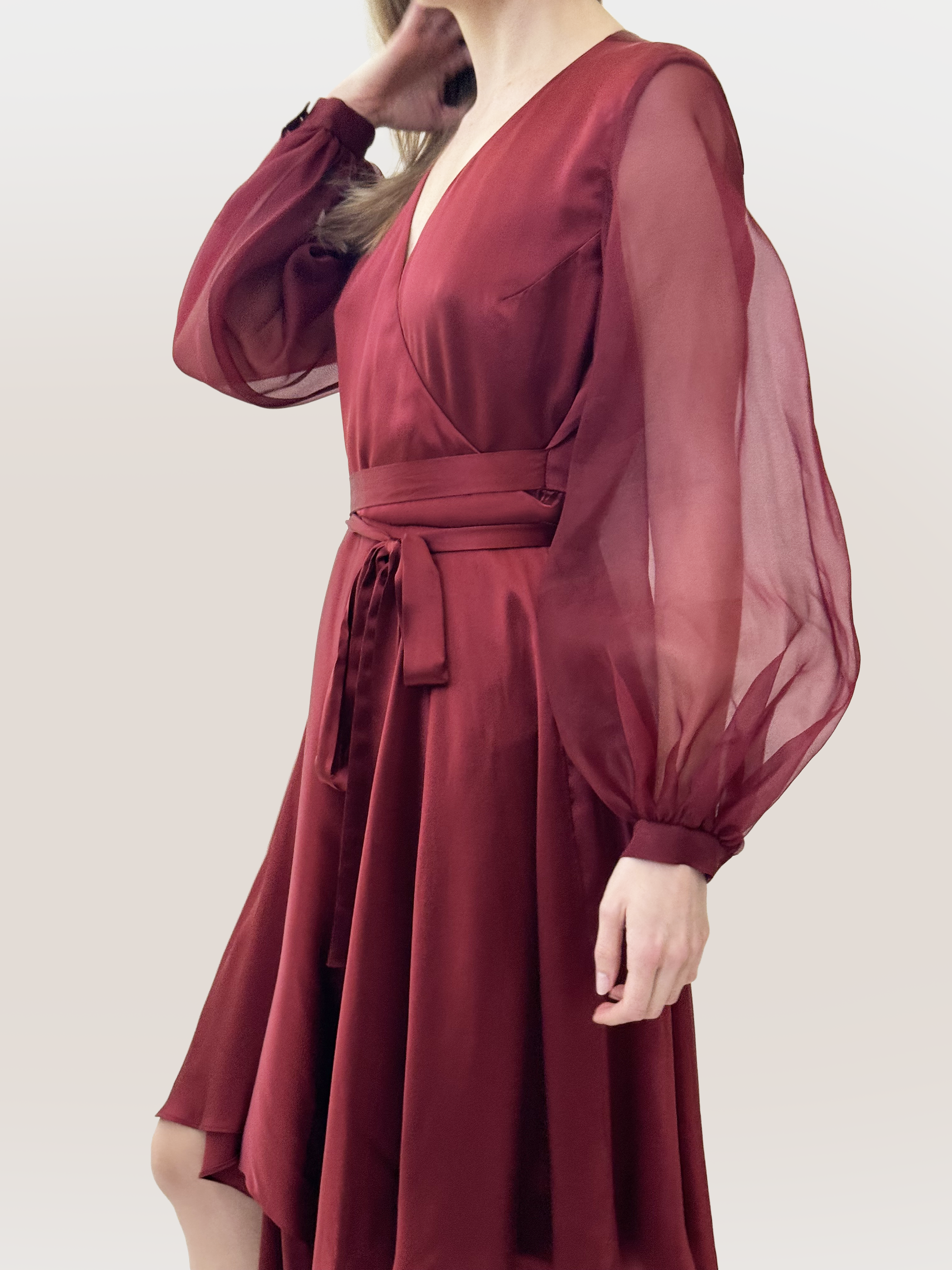 cintha draped wrap dress, wine dress, silk
