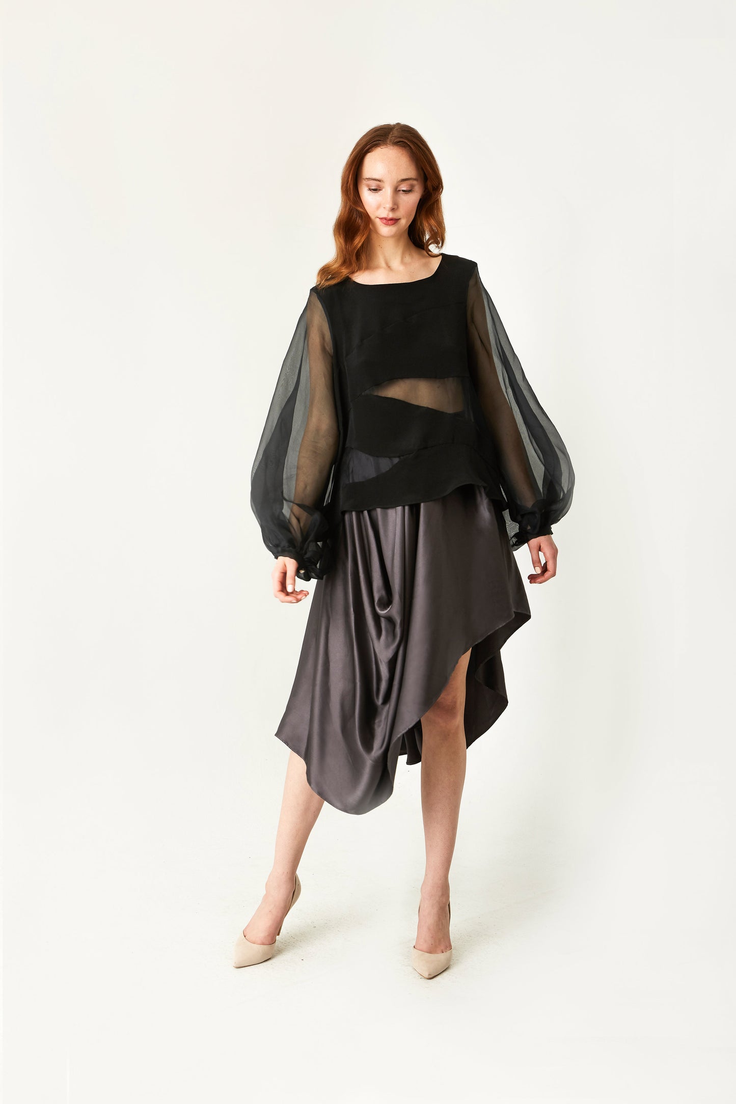 Chloe Paneled Silk Blouse & Sheer Sleeves