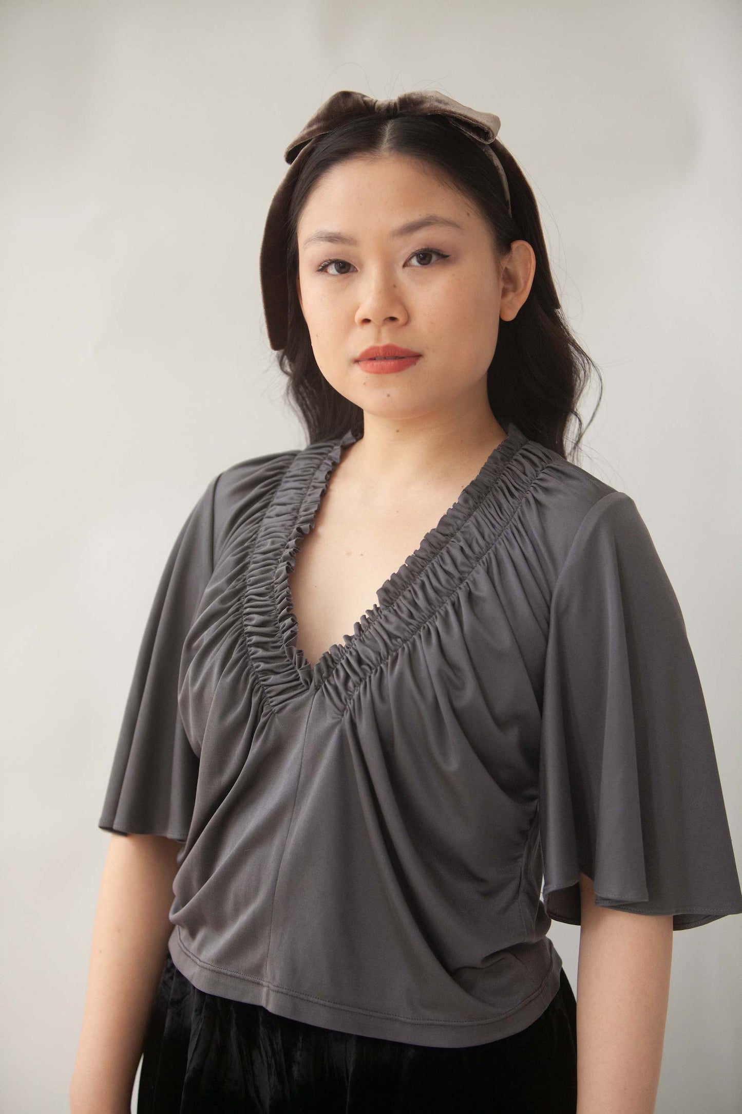 Augustine Deep V Ruffle Tee in Silk Jersey