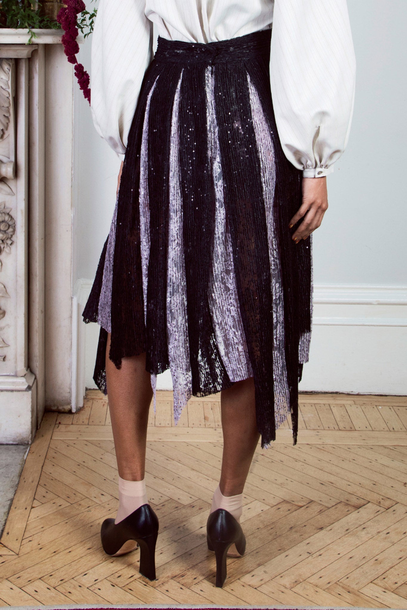 Plissé Lace Tulle Pleated Midi Skirt