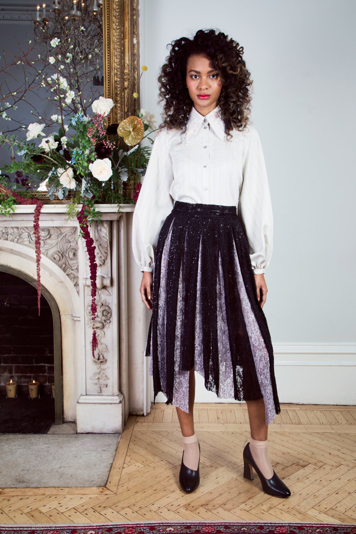 Plissé Lace Tulle Pleated Midi Skirt