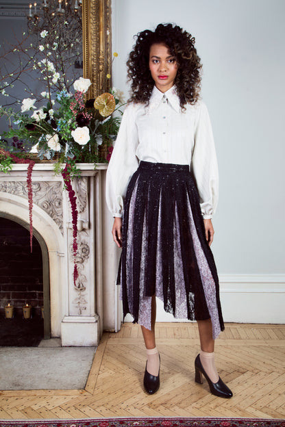 Plissé Lace Tulle Pleated Midi Skirt