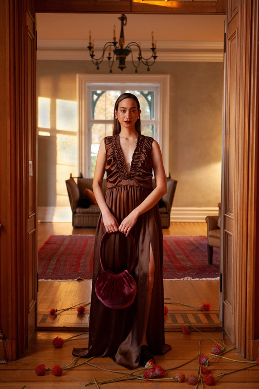 Pala Deep V Ruffled Gown